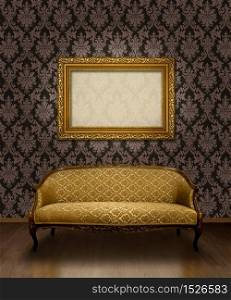 Classic antique sofa and gold plated frame in room with chocolate brown damask pattern wall