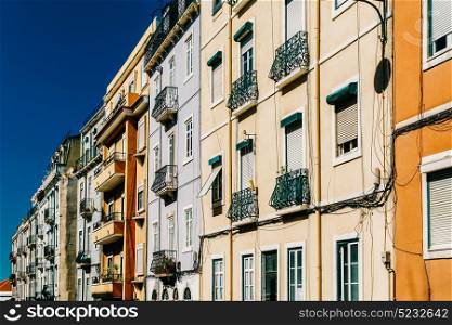Classic Apartment Building Block Exterior Facade In Lisbon, Portugal