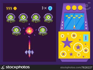 Classic arcade machine with monsters in space suits decorated with stars. Pixel aliens vintage video game vector. Spaceship shooting bullets vector illustration. 80s pixelated game. Arcade Game Machine with Alien Monsters Vector