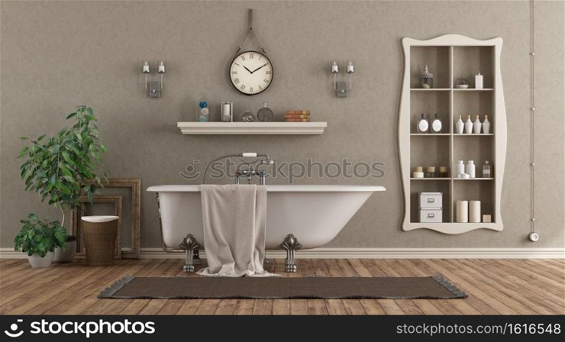 Classic bathroom with stucco wall, bathtub and niche with objects - 3d rendering. Classic bathroom with bathtub and niche with objects