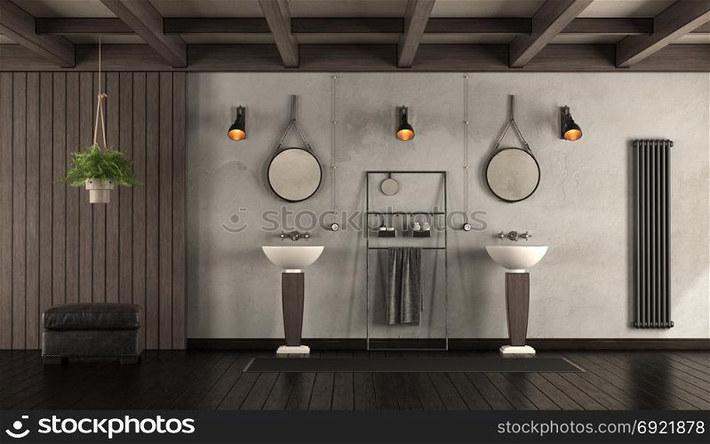 Classic bathroom with washbasin. Rustic bathroom with washbasins,dark wooden paneling and footstool 3d rendering