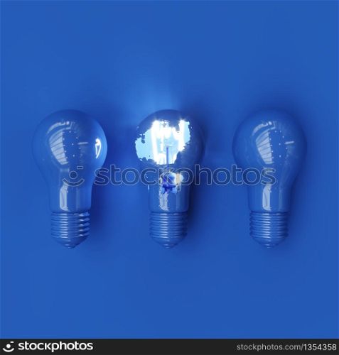 Classic Blue Light bulb Color Crack With Lighting glow on blue background. Minimal concept ideas. Top view. 3D Render.