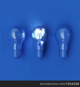 Classic Blue Light bulb Color Crack With Lighting glow on blue background. Minimal concept ideas. Top view. 3D Render.