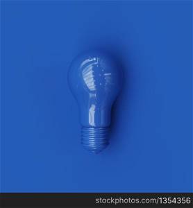 Classic Blue Light bulb Color on blue background. Minimal concept ideas. Top view. 3D Render.