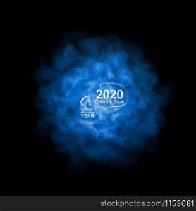 Classic blue powder splash in the color of the year 2020 on a black background, copy space. Trend color of the year 2020.. Blue powder explosion isolated on black.