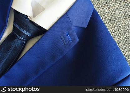 Classic blue suit, shirt and tie , close up , top view . Classic blue suit, shirt and tie, close up, top view