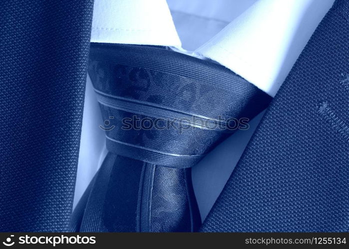 Classic blue suit, shirt and tie , close up , top view. Classic blue suit, shirt and tie, close up, top view