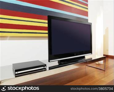 classic brown wooden TV cabinet with a large LCD TV