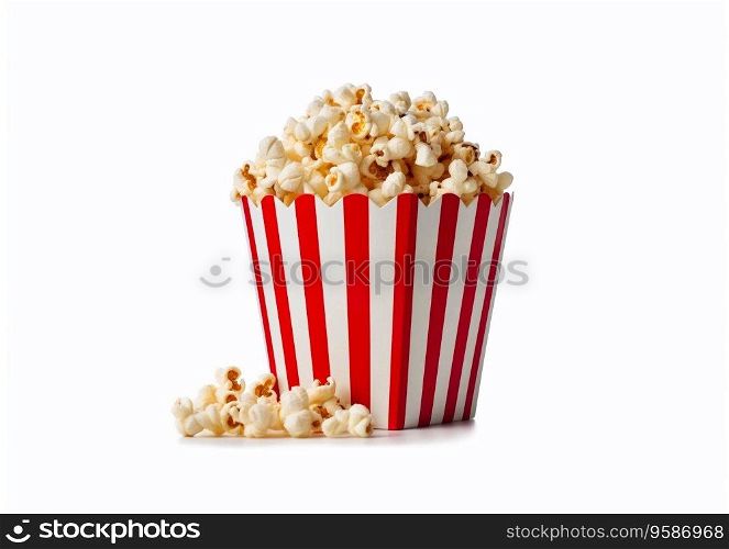 Classic bucket of salted popcorn on white background.AI Generative.