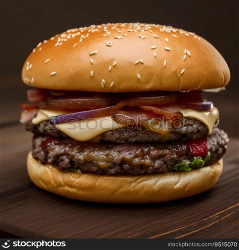 Classic cheeseburger with beef patty, cheese, tomato, onion, lettuce and ketchup mustard Fresh tasty burger on dark background