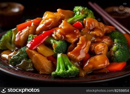 Classic Chinese dish, such as Kung Pao chicken, sweet and sour pork, or beef and broccoli, showcasing the vibrant colors, rich sauces. Generative AI