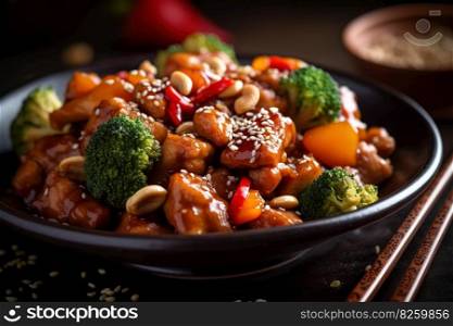 Classic Chinese dish, such as Kung Pao chicken, sweet and sour pork, or beef and broccoli, showcasing the vibrant colors, rich sauces. Generative AI