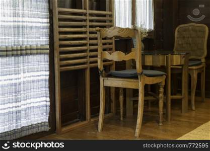 Classic coffee shop decorated with wooden interior, stock photo