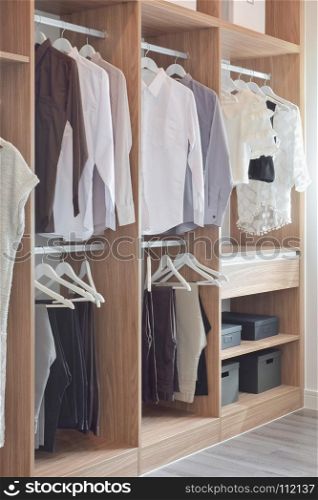 Classic color dresses in wooden wardrobe