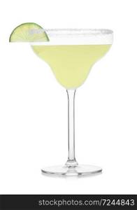 Classic crystal glass of Margarita cocktail with fresh lime slice on white background
