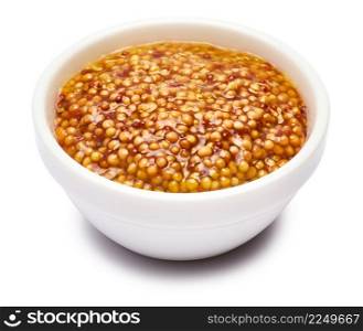 Classic Dijon mustard sauce in ceramic bowl isolated on white background. High quality photo. Classic Dijon mustard sauce in ceramic bowl isolated on white background
