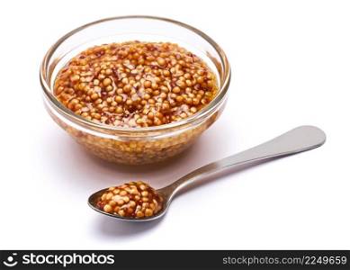 Classic Dijon mustard sauce in glass bowl isolated on white background. High quality photo. Classic Dijon mustard sauce in glass bowl isolated on white background