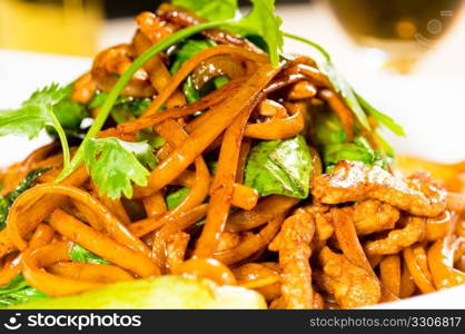 classic fresh chinese fried noodles with pork and vegetables and coriander on top