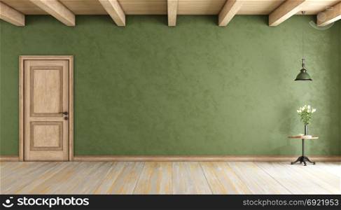 Classic green room with door. Classic green room with closed door ,roses on coffee table and wooden ceiling - 3d rendering