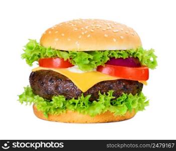 Classic hamburger with big grilled putty isolated on white background