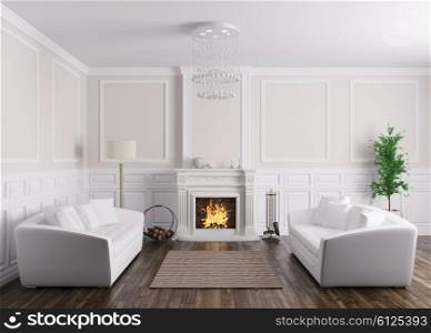 Classic interior design of living room with two white sofas and fireplace 3d render