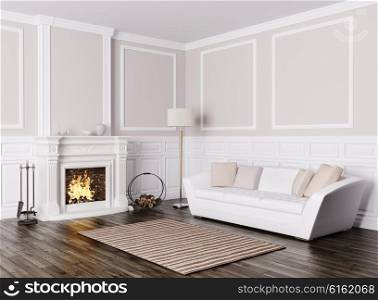 Classic interior design of living room with white sofa and fireplace 3d render