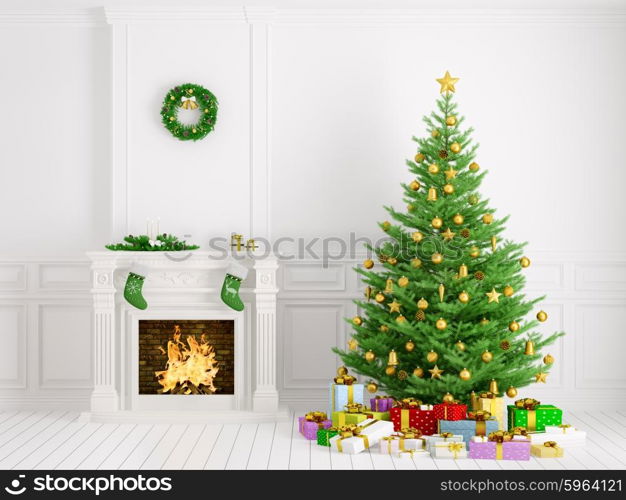 Classic interior of a room with christmas tree, fireplace,wreath,gifts,candles,stockings 3d rendering