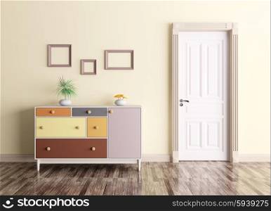 Classic interior of a room with door and chest of drawers