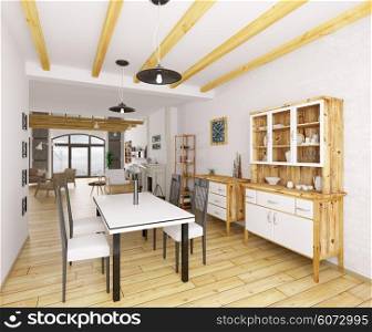 Classic interior of dining room, table, chairs, sideboard 3d rendering