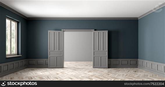 Classic interior of empty apartment with two rooms, living room with opened doors,window, dark blue walls with gray paneling and beige wooden parquet flooring 3d rendering