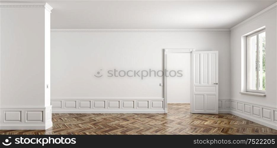 Classic interior of empty apartment with two rooms, living room with opened door, window, white walls with paneling and wooden parquet flooring 3d rendering