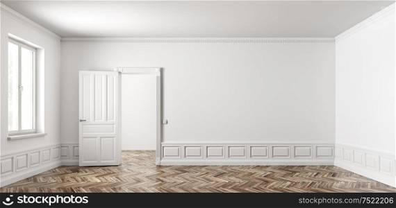 Classic interior of empty apartment with two rooms, living room with opened door, window, white walls with raised paneling and wooden parquet flooring 3d rendering