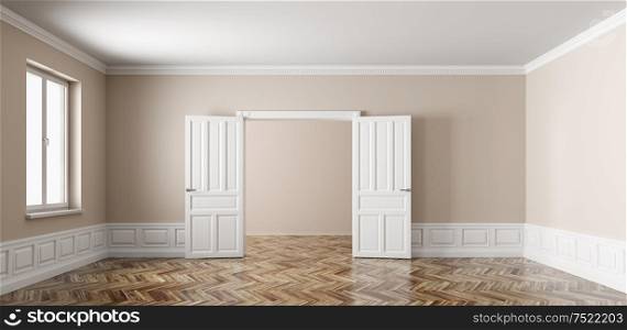 Classic interior of empty apartment with two rooms, opened doors,window, beige walls with white paneling and wooden parquet flooring 3d rendering