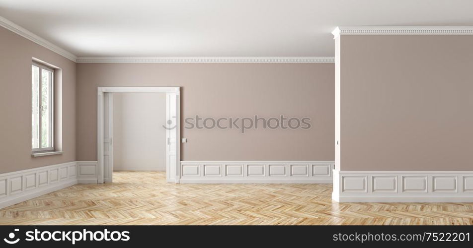 Classic interior of empty apartment with two rooms, sliding opened door,window, beige walls with white paneling and wooden parquet flooring 3d rendering