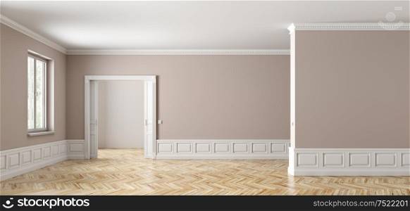 Classic interior of empty apartment with two rooms, sliding opened door,window, beige walls with white paneling and wooden parquet flooring 3d rendering