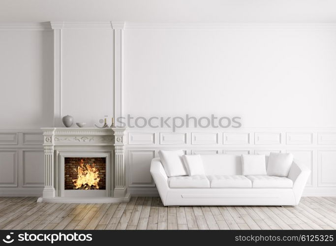 Classic interior of living room with fireplace and white sofa 3d render