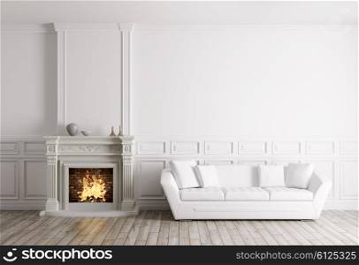 Classic interior of living room with fireplace and white sofa 3d render