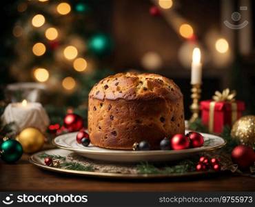 classic Italian panettone placed on a plate next to a table decorated for the Christmas holidays
