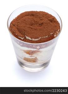 Classic italian tiramisu dessert in a glass isolated on a white background with clipping path. Classic tiramisu dessert in a glass isolated on a white background with clipping path