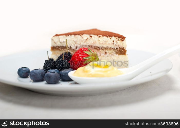 classic Italian tiramisu dessert with berries and custartd pastry cream on side