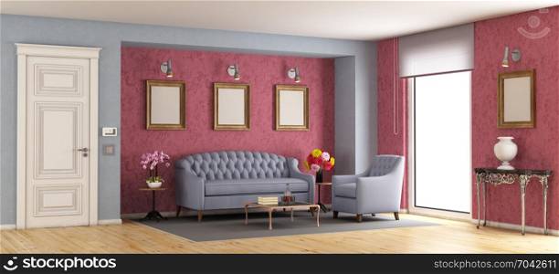 Classic living room. Classic living room with purple sofa and armchair - 3d rendering