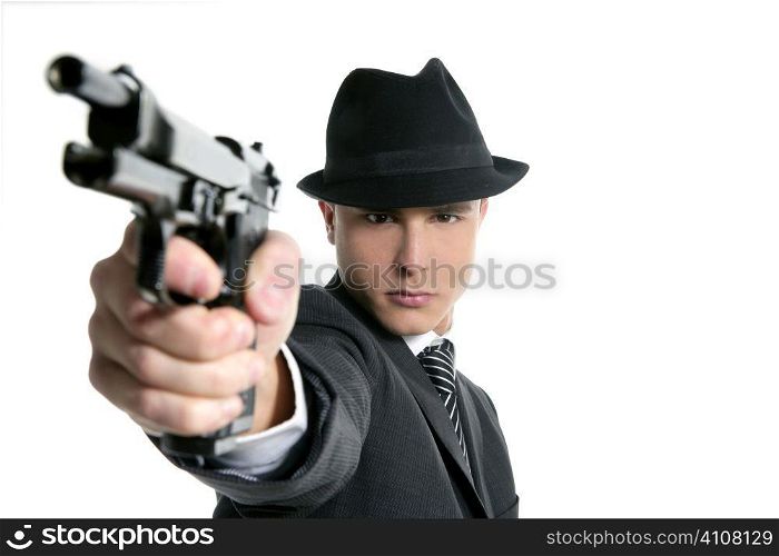 Classic mafia portrait, man with black suit and gun, isolated on white