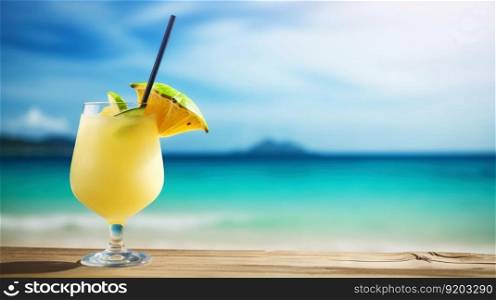 Classic Margarita cocktail on background with blue sea and sky tropical background. Generative AI.. Classic Margarita cocktail on background with blue sea and sky tropical background. Generative AI