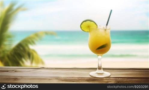 Classic Margarita cocktail on background with blue sea and sky tropical background. Generative AI.. Classic Margarita cocktail on background with blue sea and sky tropical background. Generative AI