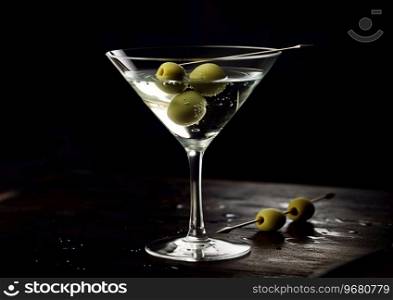 Classic martini and vodka glass with olive on black.AI Generative