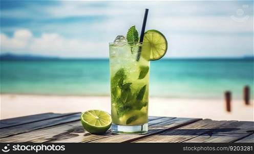 Classic Mojito cocktail on background with blue sea and sky tropical background. Generative AI.. Classic Mojito cocktail on background with blue sea and sky tropical background. Generative AI