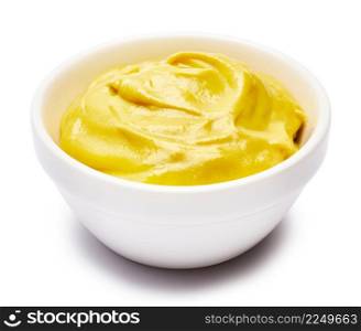 Classic mustard sauce in ceramic bowl isolated on white background. High quality photo. Classic mustard sauce in ceramic bowl isolated on white background