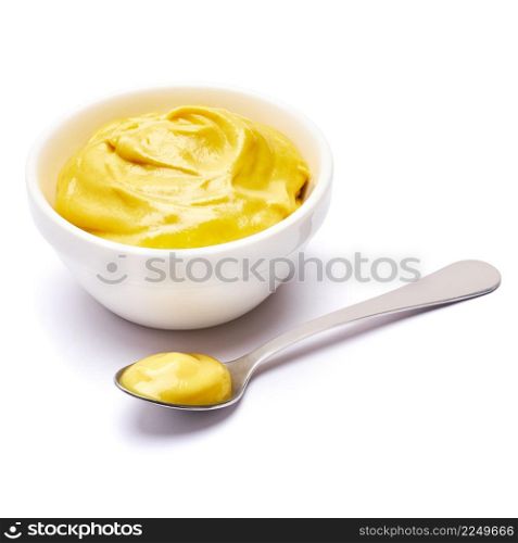 Classic mustard sauce in ceramic bowl isolated on white background. High quality photo. Classic mustard sauce in ceramic bowl isolated on white background