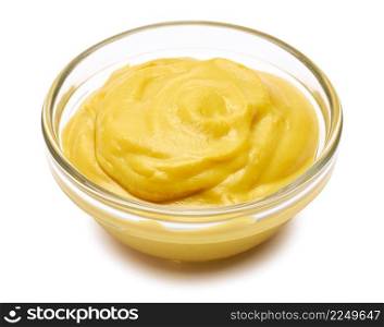 Classic mustard sauce in glass bowl isolated on white background. High quality photo. Classic mustard sauce in glass bowl isolated on white background