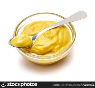 Classic mustard sauce in glass bowl isolated on white background. High quality photo. Classic mustard sauce in glass bowl isolated on white background